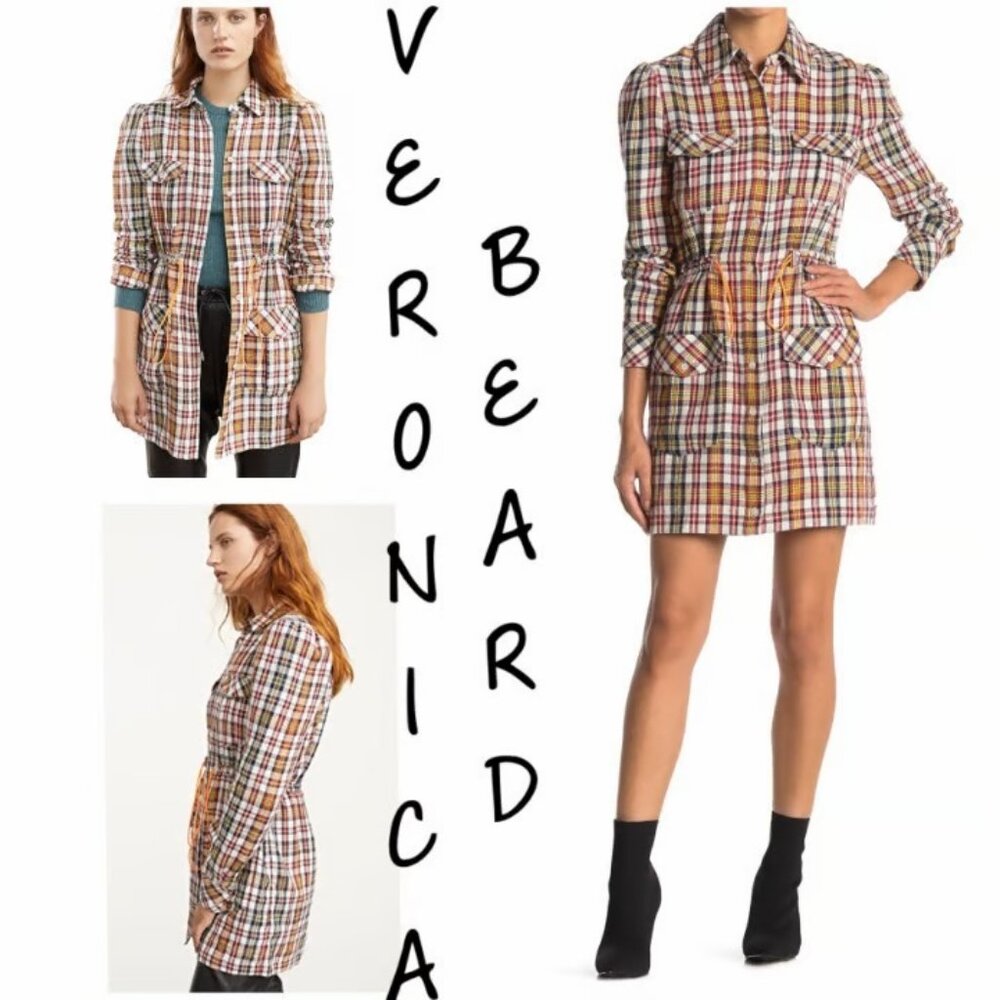 VERONICA BEARD Corinne Plaid Linen Blend Shirt Dress, 4